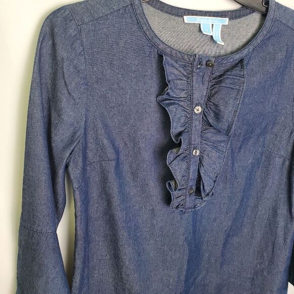 Draper James Ruffle Front Denim Dress Blue Cotton Size 4 - Picture 4 of 10